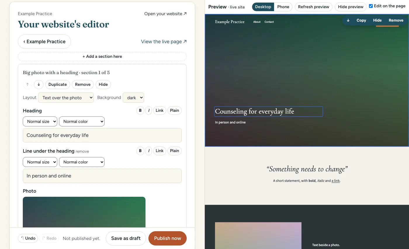 The website editor: a heading clicked on the page and typed there, its section open beside it